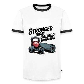 Stronger Today, Calmer Tomorrow – Fit & Zen - Men's Ringer Shirt - white/black - Front - AI Model Female 172 light (172cm) & AI Model Male 178 dark (178cm)