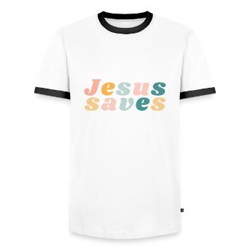 Jesus Saves - Happy Colorful Vibe Christian - Men's Ringer Shirt - white/black - Front - AI Model Female 172 light (172cm) & AI Model Male 178 dark (178cm)