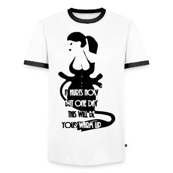 strenge Domina mit Peitsche - lustige Sprüche - Männer Kontrast-T-Shirt - Weiß/Schwarz - Vorne - AI Model Female 172 light (172cm) & AI Model Male 178 dark (178cm)