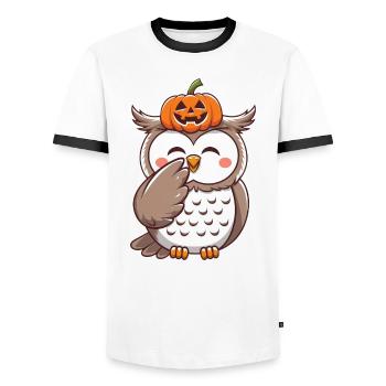 Cute Halloween Snow Owl Pumpkin October Cartoon - Men's Ringer Shirt - white/black - Front - AI Model Female 172 light (172cm) & AI Model Male 178 dark (178cm)