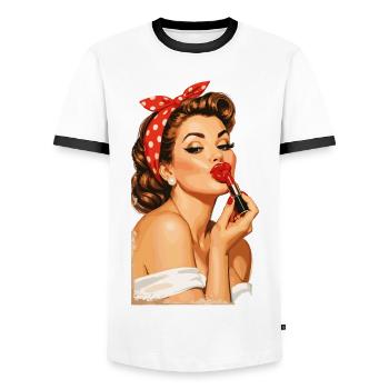 Pin-Up Girl Retro Vintage Style: Roter Kussmund - Männer Kontrast-T-Shirt - Weiß/Schwarz - Vorne - AI Model Female 172 light (172cm) & AI Model Male 178 dark (178cm)