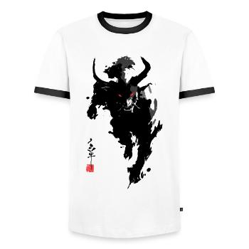 Oni Hannya – Démon Japonais Sumi-e Cornes Rouges - T-shirt contrasté Homme - blanc/noir - Devant - AI Model Female 172 light (172cm) & AI Model Male 178 dark (178cm)