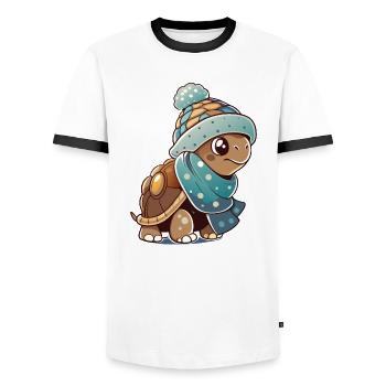Niedliche Schildkröte mit Schal und Pudelmütze. - Männer Kontrast-T-Shirt - Weiß/Schwarz - Vorne - AI Model Female 172 light (172cm) & AI Model Male 178 dark (178cm)