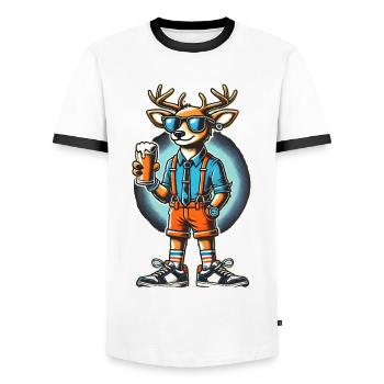 Cool Reindeer with Beer Cartoon Design - Men's Ringer Shirt - white/black - Front - AI Model Female 172 light (172cm) & AI Model Male 178 dark (178cm)