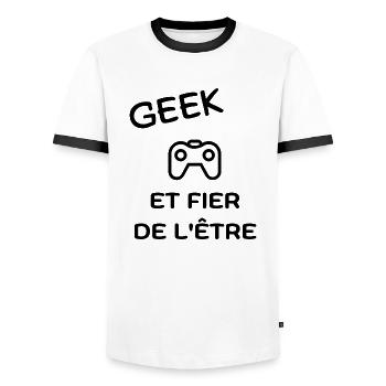 GEEK ET FIER DE L'ÊTRE -idée cadeau pour gameur - T-shirt contrasté Homme - blanc/noir - Devant - AI Model Female 172 light (172cm) & AI Model Male 178 dark (178cm)