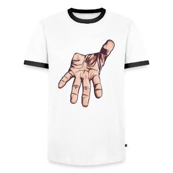 reaching hand, vector art - Men's Ringer Shirt - white/black - Front - AI Model Female 172 light (172cm) & AI Model Male 178 dark (178cm)