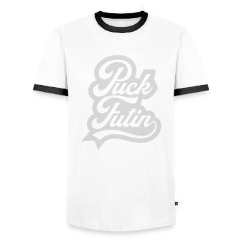 Conception du logo Puck Futin - T-shirt contrasté Homme - blanc/noir - Devant - AI Model Female 172 light (172cm) & AI Model Male 178 dark (178cm)