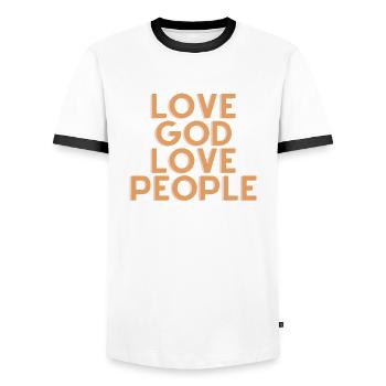 Liebe Gott Liebe Menschen - Christliches Zitat - Männer Kontrast-T-Shirt - Weiß/Schwarz - Vorne - AI Model Female 172 light (172cm) & AI Model Male 178 dark (178cm)