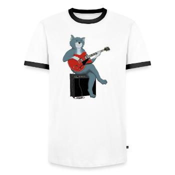 CAT PLAYS THE BLUES - cat playing guitar - Men's Ringer Shirt - white/black - Front - AI Model Female 172 light (172cm) & AI Model Male 178 dark (178cm)