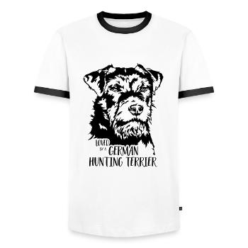 Loved by a German Hunting Terrier Hunde Wilsigns - Männer Kontrast-T-Shirt - Weiß/Schwarz - Vorne - AI Model Female 172 light (172cm) & AI Model Male 178 dark (178cm)