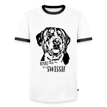 Adoré par un grand bouvier suisse Swissie - T-shirt contrasté Homme - blanc/noir - Devant - AI Model Female 172 light (172cm) & AI Model Male 178 dark (178cm)