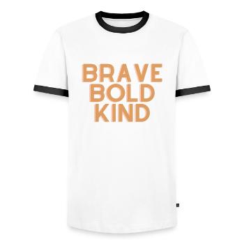 Brave Bold Kind - Christian Quote - Men's Ringer Shirt - white/black - Front - AI Model Female 172 light (172cm) & AI Model Male 178 dark (178cm)