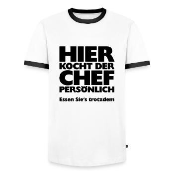 Hier kocht der Chef persönlich! Essen Sie's - Männer Kontrast-T-Shirt - Weiß/Schwarz - Vorne - AI Model Female 172 light (172cm) & AI Model Male 178 dark (178cm)