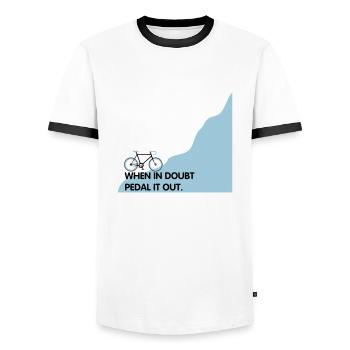 When in doubt pedal it out - Men's Ringer Shirt - white/black - Front - AI Model Female 172 light (172cm) & AI Model Male 178 dark (178cm)