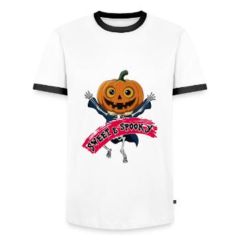 Funny Dancing Happy Halloween Skeleton - Men's Ringer Shirt - white/black - Front - AI Model Female 172 light (172cm) & AI Model Male 178 dark (178cm)