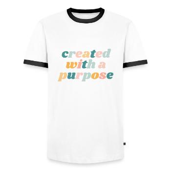 Created With A Purpose - Christian - Men's Ringer Shirt - white/black - Front - AI Model Female 172 light (172cm) & AI Model Male 178 dark (178cm)