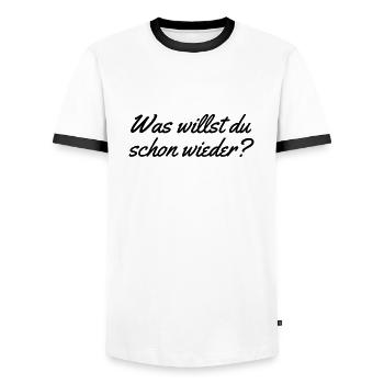 Was willst du schon wieder - Männer Kontrast-T-Shirt - Weiß/Schwarz - Vorne - AI Model Female 172 light (172cm) & AI Model Male 178 dark (178cm)