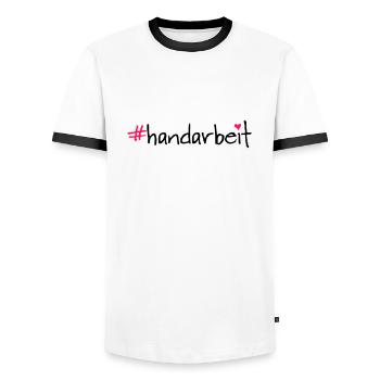 #handarbeit - Männer Kontrast-T-Shirt - Weiß/Schwarz - Vorne - AI Model Female 172 light (172cm) & AI Model Male 178 dark (178cm)