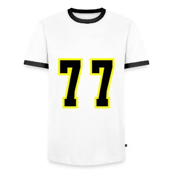 77 Zahl Trikot - Männer Kontrast-T-Shirt - Weiß/Schwarz - Vorne - AI Model Female 172 light (172cm) & AI Model Male 178 dark (178cm)