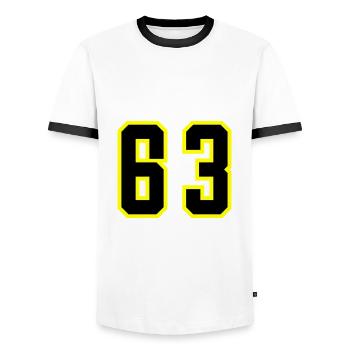 63 Zahl Trikot - Männer Kontrast-T-Shirt - Weiß/Schwarz - Vorne - AI Model Female 172 light (172cm) & AI Model Male 178 dark (178cm)