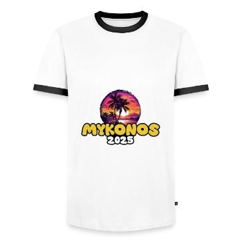 Mykonos 2025 Palmen Bunt - Männer Kontrast-T-Shirt - Weiß/Schwarz - Vorne - AI Model Female 172 light (172cm) & AI Model Male 178 dark (178cm)