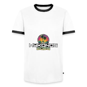 Mykonos 2025 Urlaub Palmen - Männer Kontrast-T-Shirt - Weiß/Schwarz - Vorne - AI Model Female 172 light (172cm) & AI Model Male 178 dark (178cm)