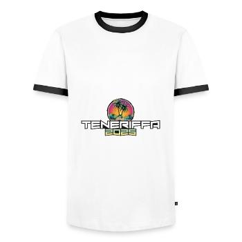 Tenerife 2025 Holiday Palm Trees - Men's Ringer Shirt - white/black - Front - AI Model Female 172 light (172cm) & AI Model Male 178 dark (178cm)