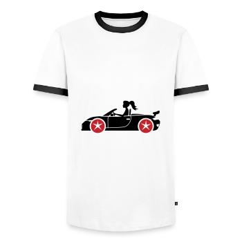 Woman Car Convertible - Men's Ringer Shirt - white/black - Front - AI Model Female 172 light (172cm) & AI Model Male 178 dark (178cm)