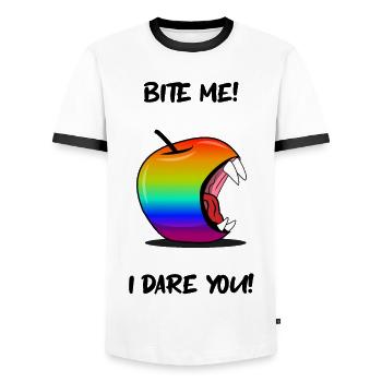 Gay Pride Apple BITE ME - Men's Ringer Shirt - white/black - Front - AI Model Female 172 light (172cm) & AI Model Male 178 dark (178cm)