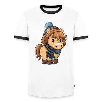 Niedliches Pony mit Schal und Pudelmütze. - Männer Kontrast-T-Shirt - Weiß/Schwarz - Vorne - AI Model Female 172 light (172cm) & AI Model Male 178 dark (178cm)