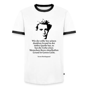 Kierkegaard: Wie der stille See seinen dunklen Gr - Männer Kontrast-T-Shirt - Weiß/Schwarz - Vorne - AI Model Female 172 light (172cm) & AI Model Male 178 dark (178cm)
