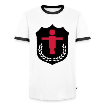 kicker_wappen_02 - Men's Ringer Shirt - white/black - Front - AI Model Female 172 light (172cm) & AI Model Male 178 dark (178cm)