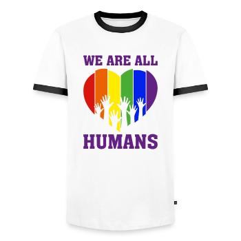 Christopher Streed Day We are ALL HUMANS Cadeau - T-shirt contrasté Homme - blanc/noir - Devant - AI Model Female 172 light (172cm) & AI Model Male 178 dark (178cm)