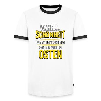 Osten Spruch Lustig DDR Mauerfall Berlin Geschenk - Männer Kontrast-T-Shirt - Weiß/Schwarz - Vorne - AI Model Female 172 light (172cm) & AI Model Male 178 dark (178cm)