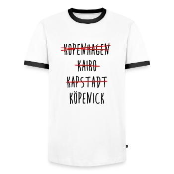 Köpenick - Berlin - Kopenhagen - Kairo - Kapstadt - Männer Kontrast-T-Shirt - Weiß/Schwarz - Vorne - AI Model Female 172 light (172cm) & AI Model Male 178 dark (178cm)