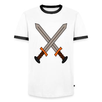 A logo of 2 swords crossed in a gamer style. - Men's Ringer Shirt - white/black - Front - AI Model Female 172 light (172cm) & AI Model Male 178 dark (178cm)