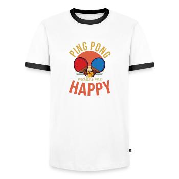 Table Tennis Ping Pong Makes Me Happy - Men's Ringer Shirt - white/black - Front - AI Model Female 172 light (172cm) & AI Model Male 178 dark (178cm)