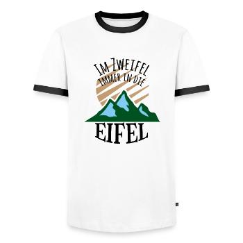 Im Zweifel immer in die Eifel - Männer Kontrast-T-Shirt - Weiß/Schwarz - Vorne - AI Model Female 172 light (172cm) & AI Model Male 178 dark (178cm)