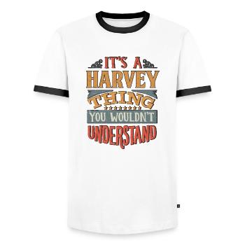 Es ist eine Harvey-Sache, die Sie nicht verstehen würden - - Männer Kontrast-T-Shirt - Weiß/Schwarz - Vorne - AI Model Female 172 light (172cm) & AI Model Male 178 dark (178cm)