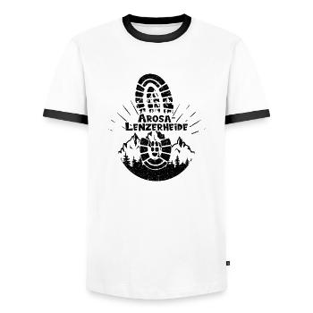 Arosa-Lenzerheide Switzerland hiking and skiing - Men's Ringer Shirt - white/black - Front - AI Model Female 172 light (172cm) & AI Model Male 178 dark (178cm)