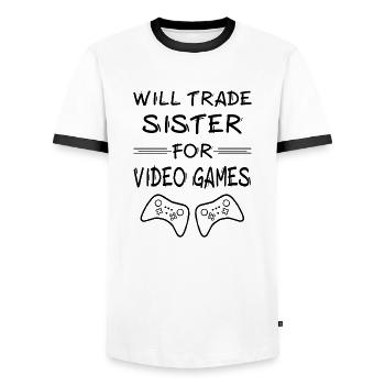 Will Trade Sister for Video Games 3 - Männer Kontrast-T-Shirt - Weiß/Schwarz - Vorne - AI Model Female 172 light (172cm) & AI Model Male 178 dark (178cm)