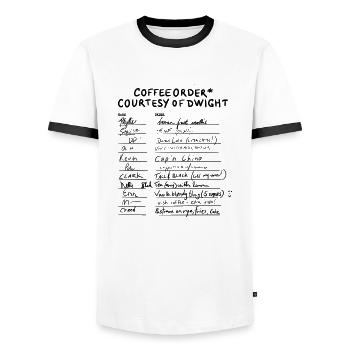 Le bureau - Commande de café - im Büro - T-shirt contrasté Homme - blanc/noir - Devant - AI Model Female 172 light (172cm) & AI Model Male 178 dark (178cm)