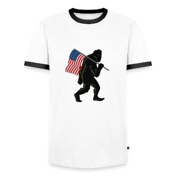 Bigfoot und amerikanische Flagge - Männer Kontrast-T-Shirt - Weiß/Schwarz - Vorne - AI Model Female 172 light (172cm) & AI Model Male 178 dark (178cm)