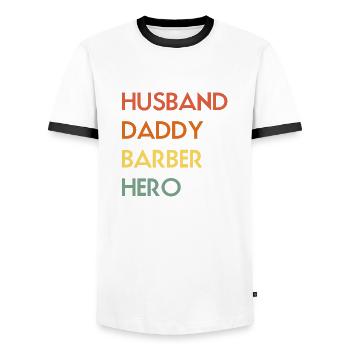 Mari Papa Barbier Héros Père Papa Fête des Pères - T-shirt contrasté Homme - blanc/noir - Devant - AI Model Female 172 light (172cm) & AI Model Male 178 dark (178cm)