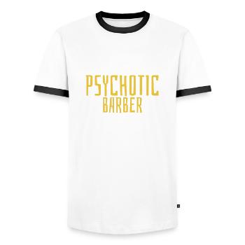 Au Psychotic Barber, tout le monde vous a mis en garde contre - T-shirt contrasté Homme - blanc/noir - Devant - AI Model Female 172 light (172cm) & AI Model Male 178 dark (178cm)