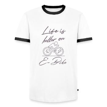 Life is better on E-bike Funny saying E-biker - Men's Ringer Shirt - white/black - Front - AI Model Female 172 light (172cm) & AI Model Male 178 dark (178cm)