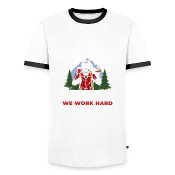 Morning Wood Lumber Company, nous travaillons dur pour - T-shirt contrasté Homme - blanc/noir - Devant - AI Model Female 172 light (172cm) & AI Model Male 178 dark (178cm)
