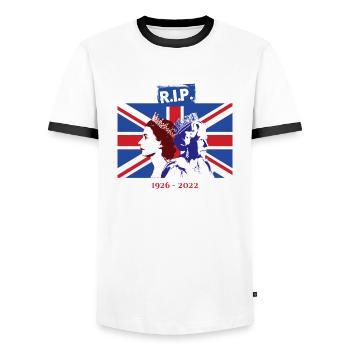 RIP - Queen Elizabeth II - The End Of An Era - Men's Ringer Shirt - white/black - Front - AI Model Female 172 light (172cm) & AI Model Male 178 dark (178cm)