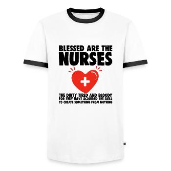 Bénies soient les infirmières - T-shirt contrasté Homme - blanc/noir - Devant - AI Model Female 172 light (172cm) & AI Model Male 178 dark (178cm)