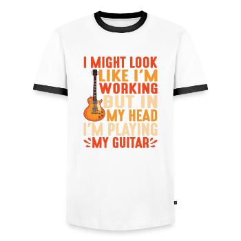 But In My Head I'm Playing My Guitar 2 - Men's Ringer Shirt - white/black - Front - AI Model Female 172 light (172cm) & AI Model Male 178 dark (178cm)